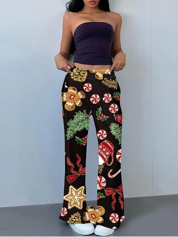 Women Christmas Print Lounge Pants Casual Wide Leg Pajama Bottoms with Pockets Elastic Waist Holiday Relaxed Trousers in Saudi Arabia