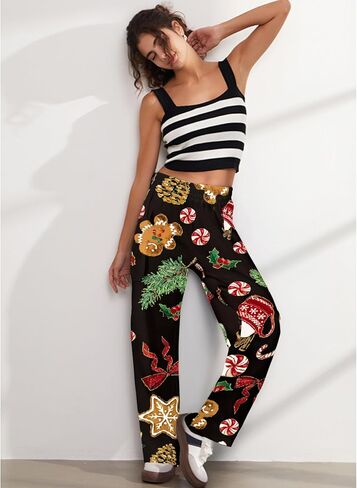 Women Christmas Print Lounge Pants Casual Wide Leg Pajama Bottoms with Pockets Elastic Waist Holiday Relaxed Trousers in Saudi Arabia