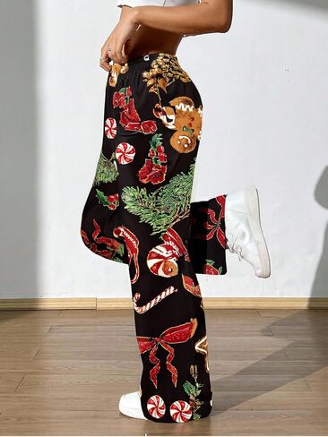 Women Christmas Print Lounge Pants Casual Wide Leg Pajama Bottoms with Pockets Elastic Waist Holiday Relaxed Trousers in Saudi Arabia