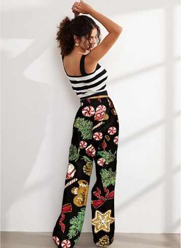 Women Christmas Print Lounge Pants Casual Wide Leg Pajama Bottoms with Pockets Elastic Waist Holiday Relaxed Trousers in Saudi Arabia