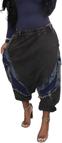 Women's Harem Denim Pants Elastic Waist Loose Cropped Cargo Barrel Jeans Casual Patchwork Ripped Trousers Pockets in Saudi Arabia