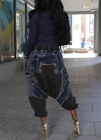 Women's Harem Denim Pants Elastic Waist Loose Cropped Cargo Barrel Jeans Casual Patchwork Ripped Trousers Pockets in Saudi Arabia