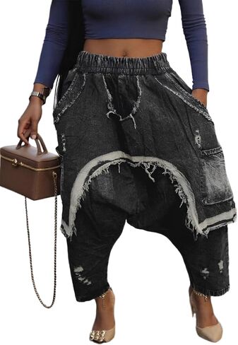 Women's Harem Denim Pants Elastic Waist Loose Cropped Cargo Barrel Jeans Casual Patchwork Ripped Trousers Pockets in Saudi Arabia