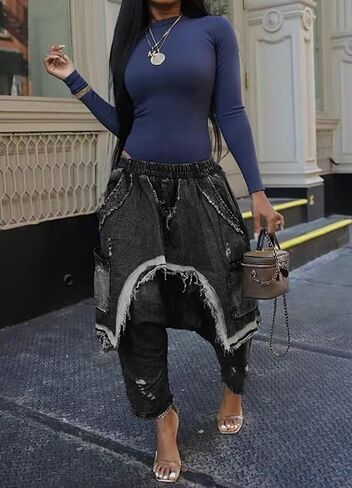 Women's Harem Denim Pants Elastic Waist Loose Cropped Cargo Barrel Jeans Casual Patchwork Ripped Trousers Pockets in Saudi Arabia