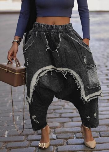 Women's Harem Denim Pants Elastic Waist Loose Cropped Cargo Barrel Jeans Casual Patchwork Ripped Trousers Pockets in Saudi Arabia