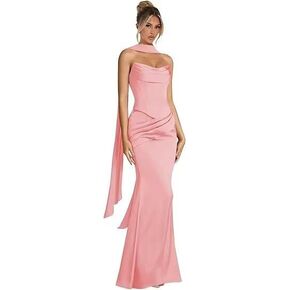 فساتين وصيفة العروس حورية البحر للنساء من الساتان بدون حمالات 2025 فستان رسمي مطوي مع وشاح in Kuwait