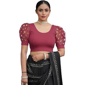 بلوزة ساري نسائية برقبة دائرية من الليكرا قابلة للتمدد وأكمام منتفخة وأكمام على شكل مرفق in Kuwait