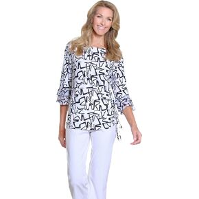 MULTIPLES Women's 3/4 Double Flounce Sleeve Drop Shoulder Bateau Neck Side Drawstring Top in Saudi Arabia