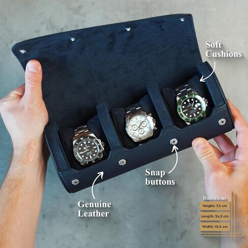 DailyWatch | Watch Roll Travel Case For 1 Watch | Luxury Watch Case In Genuine Black Leather With Soft Velvet Interior | Watch Case Protect, Store, & Display Your Watches | Black Green in Kuwait
