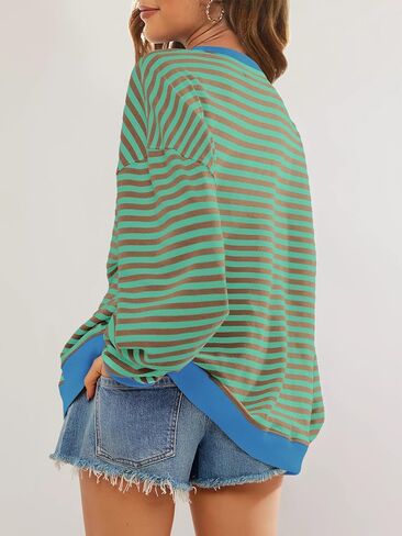 قمصان SENSERISE النسائية ذات الحجم الكبير والمخططة ذات الرقبة الدائرية وأكمام طويلة وقمصان ذات ألوان متعددة وقمصان علوية غير رسمية in Kuwait