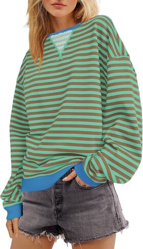 قمصان SENSERISE النسائية ذات الحجم الكبير والمخططة ذات الرقبة الدائرية وأكمام طويلة وقمصان ذات ألوان متعددة وقمصان علوية غير رسمية in Kuwait