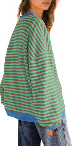 قمصان SENSERISE النسائية ذات الحجم الكبير والمخططة ذات الرقبة الدائرية وأكمام طويلة وقمصان ذات ألوان متعددة وقمصان علوية غير رسمية in Kuwait