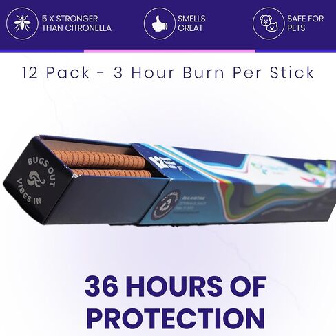 48-Pack All-Natural Incense Sticks, 36-Hour Outdoor Protection, Flora Geraniol, Chemical-Free & USA Crafted in Saudi Arabia