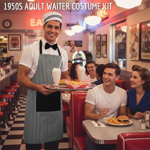 4pcs Adult Halloween Costumes for Women Men, 1950s Hot Dog Vendor Costume Adult with Apron, Hats, Bow Ties, Snack Tray in Saudi Arabia