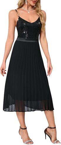 Women’s Sequin Spaghetti Strap Pleated Midi Dress Elegant V Neck Sleeveless Cocktail Party Dress in Saudi Arabia