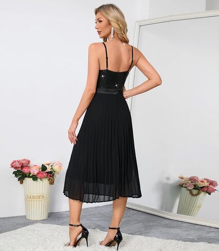 Women’s Sequin Spaghetti Strap Pleated Midi Dress Elegant V Neck Sleeveless Cocktail Party Dress in Saudi Arabia