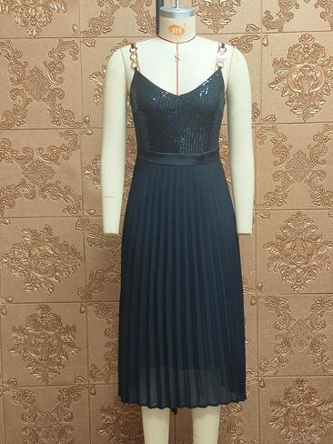 Women’s Sequin Spaghetti Strap Pleated Midi Dress Elegant V Neck Sleeveless Cocktail Party Dress in Saudi Arabia