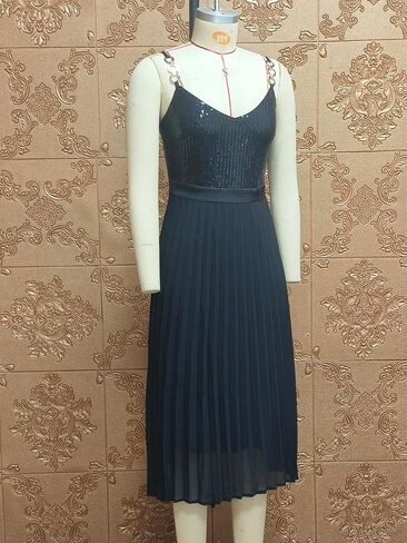 Women’s Sequin Spaghetti Strap Pleated Midi Dress Elegant V Neck Sleeveless Cocktail Party Dress in Saudi Arabia