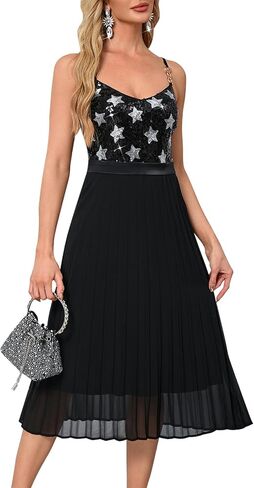 Women’s Sequin Spaghetti Strap Pleated Midi Dress Elegant V Neck Sleeveless Cocktail Party Dress in Saudi Arabia