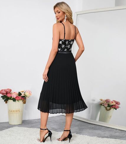 Women’s Sequin Spaghetti Strap Pleated Midi Dress Elegant V Neck Sleeveless Cocktail Party Dress in Saudi Arabia
