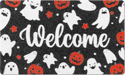 سجادة باب الهالوين Happy Halloween ترحيب ممسحة الباب الأمامي سجادة الباب الأمامي لتزيين المنزل في الأماكن المغلقة مقاس 18 × 30 بوصة (الشبح واليقطين) in Saudi Arabia