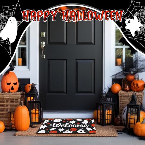 سجادة باب الهالوين Happy Halloween ترحيب ممسحة الباب الأمامي سجادة الباب الأمامي لتزيين المنزل في الأماكن المغلقة مقاس 18 × 30 بوصة (الشبح واليقطين) in Saudi Arabia