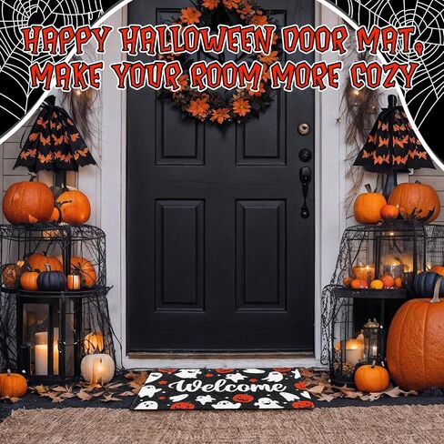 سجادة باب الهالوين Happy Halloween ترحيب ممسحة الباب الأمامي سجادة الباب الأمامي لتزيين المنزل في الأماكن المغلقة مقاس 18 × 30 بوصة (الشبح واليقطين) in Saudi Arabia