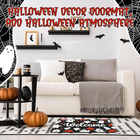 سجادة باب الهالوين Happy Halloween ترحيب ممسحة الباب الأمامي سجادة الباب الأمامي لتزيين المنزل في الأماكن المغلقة مقاس 18 × 30 بوصة (الشبح واليقطين) in Saudi Arabia