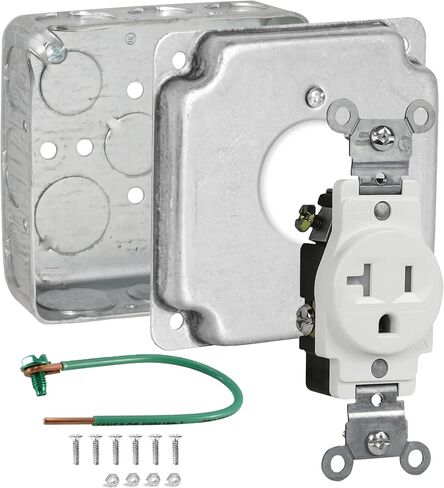 Outlet Box Kit, Includes 4x4'' Drawn Metal Electrical Box, 2 Tamper Resistant 20 Amp Duplex Receptacle Outlets, Duplex Receptacle 4x4'' Cover, Sixteen Knockouts, Green Pigtail Grounding Wire and Screw in Saudi Arabia