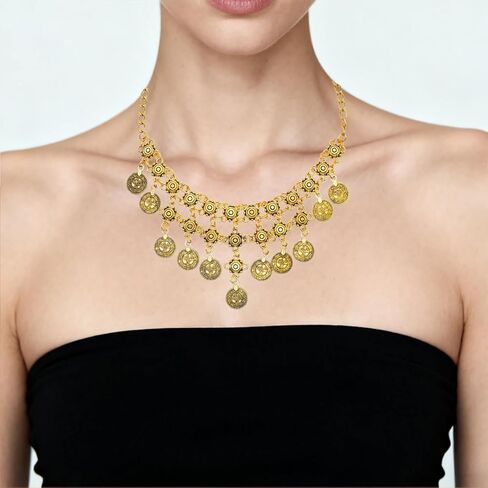 بوهو عملة سحر قلادة للنساء الطبقات عملة ذهبية مطرز قلادة قلادة القراصنة قلادة عملات مكتنزة شرابة العرقية الغجر زي الملحقات in Kuwait