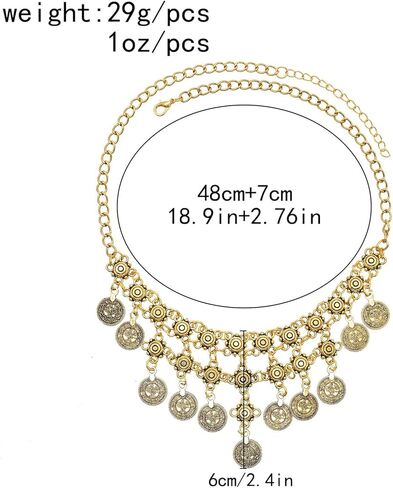 بوهو عملة سحر قلادة للنساء الطبقات عملة ذهبية مطرز قلادة قلادة القراصنة قلادة عملات مكتنزة شرابة العرقية الغجر زي الملحقات in Kuwait