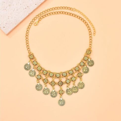 بوهو عملة سحر قلادة للنساء الطبقات عملة ذهبية مطرز قلادة قلادة القراصنة قلادة عملات مكتنزة شرابة العرقية الغجر زي الملحقات in Kuwait