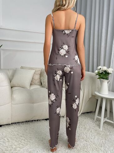 SweatyRocks Women's 2 Piece Pajama Sets Floral Print Lettuce Trim Cami Top and Pants Sleepwear Pjs in Saudi Arabia