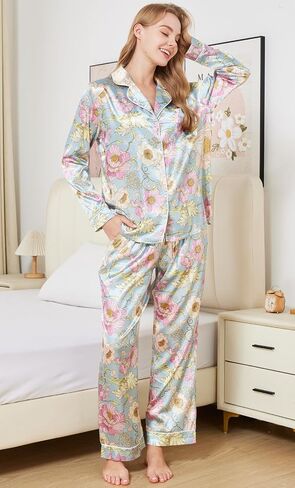 Womens Silk Satin Long Sleeve Pajamas Set Button Down 2 Piece Pjs Soft Comfy Oversized Sleepwear with Pockets in Saudi Arabia