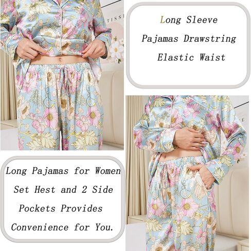 Womens Silk Satin Long Sleeve Pajamas Set Button Down 2 Piece Pjs Soft Comfy Oversized Sleepwear with Pockets in Saudi Arabia