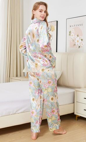 Womens Silk Satin Long Sleeve Pajamas Set Button Down 2 Piece Pjs Soft Comfy Oversized Sleepwear with Pockets in Saudi Arabia
