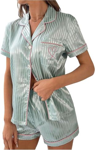 WDIRARA Women's Satin 2 Piece Pajama Set Striped Short Sleeve Button Down Shorts Pjs Sleepwear in Saudi Arabia