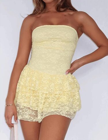 Women's Strapless Lace Mini Dress Tiered Ruffle Skirt Tube Top Dress Slim Fit Cocktail Party Homecoming Outfit in Kuwait