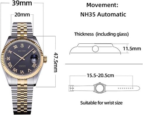 Baltany S4094 ساعات رسمية أوتوماتيكية 39 ملم مع علامات أرقام رومانية، ساعة تاريخ ميكانيكية NH35 مع علامات ساعة مطبقة in Kuwait