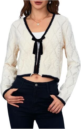 MakeMeChic Women's Tie Front Cardigan Sweater V Neck Long Sleeve Crop Cardigan in Saudi Arabia