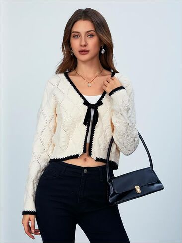 MakeMeChic Women's Tie Front Cardigan Sweater V Neck Long Sleeve Crop Cardigan in Saudi Arabia