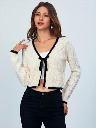 MakeMeChic Women's Tie Front Cardigan Sweater V Neck Long Sleeve Crop Cardigan in Saudi Arabia