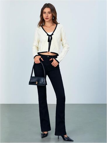 MakeMeChic Women's Tie Front Cardigan Sweater V Neck Long Sleeve Crop Cardigan in Saudi Arabia