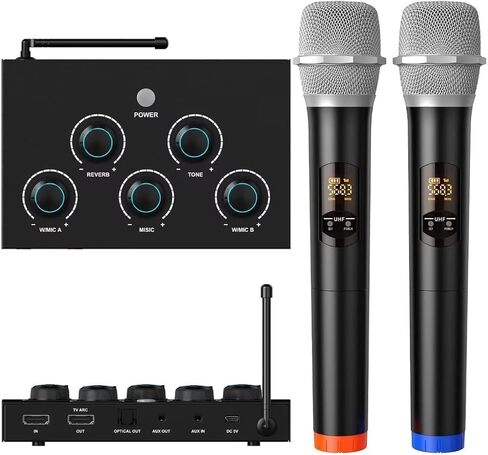 مجموعة نظام مزج ميكروفون كاريوكي المحمول، مع ميكروفون لاسلكي مزدوج UHF، HDMI-ARC/بصري/AUX وHDMI مدخل/خارج في جهاز استقبال الغناء للتلفزيون الذكي، الكمبيوتر الشخصي، KTV، المسرح المنزلي، مكبر الصوت، مكبر الصوت in Kuwait