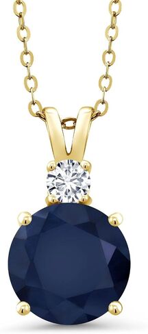 Gem Stone King 18K Yellow Gold Plated Silver Blue Sapphire and White Lab Grown Diamond Pendant Necklace For Women (5.12 Cttw, Gemstone September Birthstone, Round 10MM, with 18 Inch Chain) in Saudi Arabia