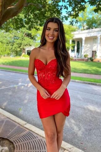 Short Mermaid Homecoming Dresses for Teens Lace Appliques Prom Dress with Slit He4036 in Saudi Arabia