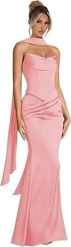 فساتين وصيفة العروس حورية البحر للنساء من الساتان بدون حمالات 2025 فستان رسمي مطوي مع وشاح in Kuwait