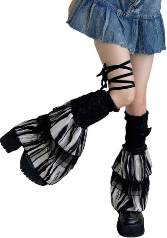 BOLLEY JOSS Women's Lace Leg Warmers Y2K Cute Ruffle Trim Leg Sleeve Leopard Print Boot Socks Harajuku Lolita Mesh Socks in Saudi Arabia