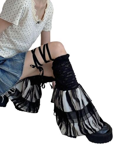 BOLLEY JOSS Women's Lace Leg Warmers Y2K Cute Ruffle Trim Leg Sleeve Leopard Print Boot Socks Harajuku Lolita Mesh Socks in Saudi Arabia