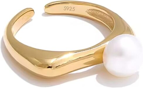 QueenBee 14K Gold and Silver Plated Pearl Ring – Adjustable Open Band, Minimalist Statement Ring, Modern Asymmetric Design, Elegant High-Polish Unique Pearl Jewelry, Trendy Gift for Her, Jewelry Gift for Birthdays, Mother's Day, Holidays in Kuwait